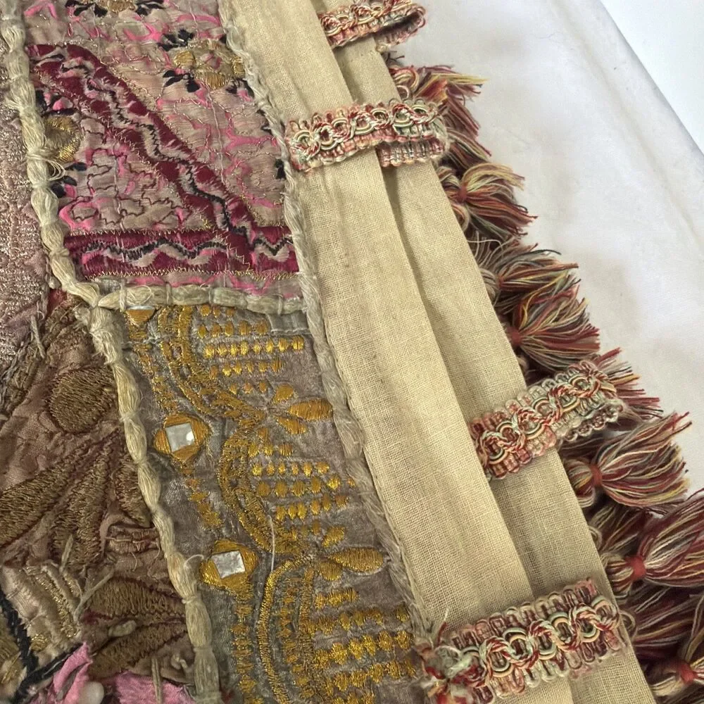 Vtg Indian Sari Patchwork Tapestry Wall Hanging Embroidered Zari Mirror 47x25